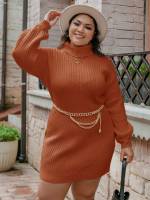 Rib-Knit Casual High Neck Plain Plus Size Sweater Dresses 9105