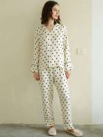 Lapel Polka Dot Long Sleeve Pocket Women Sleep  Lounge 8198