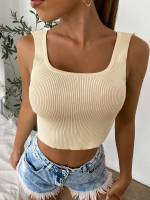 Crop Rib-Knit Beige Scoop Neck Women Clothing 8129