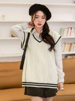 Rib-Knit Striped Beige Regular Fit Women Knitwear 1944