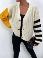 Button Front Casual Colorblock Regular Fit Women Cardigans 355