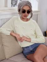 Beige Long Sleeve Round Neck Casual Women Knitwear 5715