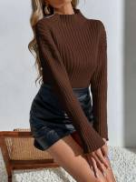 Long Sleeve Rib-Knit Casual Plain Women Clothing 774