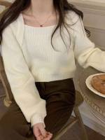  Plain Crop Beige Women Knitwear 4059