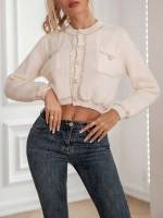 Beige Plain Crop Women Knitwear 290