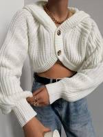 Rib-Knit Long Sleeve Hooded Women Cardigans 7829