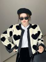 Round Neck Contrast Binding All Over Print Long Sleeve Women Faux Fur Coats 5458