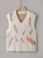 Sleeveless Regular Fit Beige Fruit&Vegetable Plus Size Knitwear 746