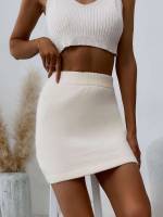 Plain Short Beige Women Sweater Skirts 2673