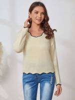 V neck Long Sleeve Beige Women Knitwear 631