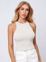 Plain Beige Rib-Knit Women Tank Tops  Camis 5410