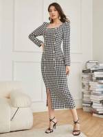 Long Sleeve Elegant Square Neck Houndstooth Arabian Dresses 8654