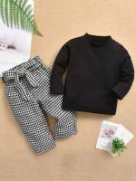 Casual Belted Houndstooth Stand Collar Baby Sets 7962