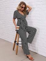 Black and White Regular Fit Belted Long Maternity 5751