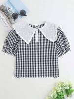 Preppy Peter Pan Collar Gingham Girls Blouses 9867