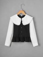 Long Sleeve Ruffle Hem Black and White Colorblock Girls Blouses 3568