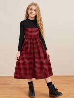 Houndstooth Long Sleeve Stand Collar Long Girls Dresses 9