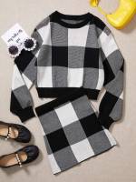 Round Neck  Plaid Girls Sweater Co-ords 538