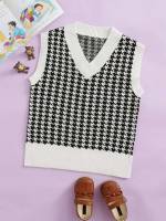 Houndstooth Regular Fit V neck Casual Kids Clothing 1291