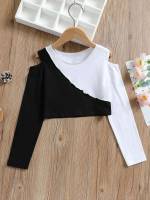 Cold Shoulder Regular Fit Crop Colorblock Girls T-Shirts 250