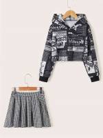 Hooded Black and White Casual Girls Two-piece Outfits 8249