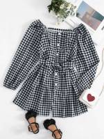 Casual Square Neck Plaid Kids Clothing 7577