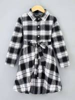 Belted Long Sleeve Black and White Plaid Girls Clothing 4022