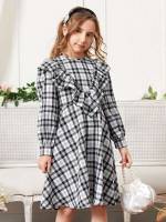 Plaid Long Sleeve Black and White Round Neck Girls Clothing 1846