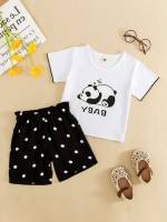 Regular Fit Black and White Short Sleeve Polka Dot Toddler Girl Two-piece Outfits 3159