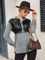 Long Sleeve Collar Black and White Plaid Maternity Blouses 1258