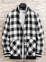 Baseball Collar Pocket Black and White Plaid Men Jackets 3085