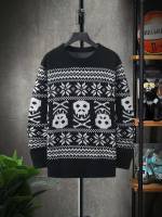 Long Sleeve Black and White Round Neck Men Knitwear 965