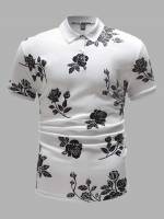 Black and White Floral Button Front Regular Men Polo Shirts 500