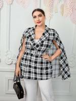 Long Plaid Black and White Belted Plus Size Blazers 633