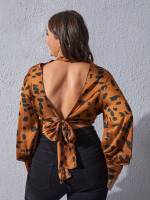 All Over Print Backless Stand Collar Long Sleeve Women Plus Clothing 986