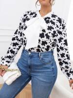  Tie Front Long Sleeve Black and White Plus Size Blouses 213