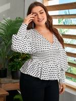 Regular V neck Long Sleeve Polka Dot Plus Size Blouses 5051