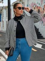  Houndstooth Casual Baseball Collar Plus Size Jackets 611