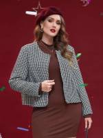 Crop Houndstooth Button Front Elegant Plus Size Overcoats 7929