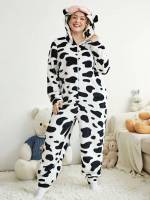 Black and White Cartoon Hooded Plus Size Sleep Jumpsuits 7736