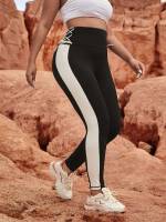 Lace Up Colorblock Long Plus Size Sports Leggings  Pants 6503