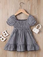 Frill Short Sleeve Gingham Regular Fit Toddler Girl Dresses 4018