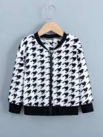 Houndstooth Baseball Collar Zipper Regular Fit Toddler Girl Jackets 368