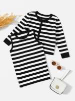 Round Neck  Striped Toddler Girl Sweater Co-ords 6007