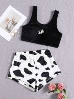 Sleeveless Embroidery Cute Black and White Women Sleepwear 9808