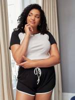 Short Sleeve Colorblock Black and White Plus Size Pajama Sets 22