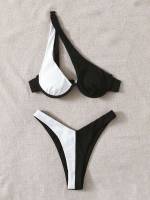 Colorblock One Shoulder Black and White Women Beachwear 171