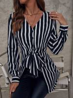 Striped Button Long Black and White Women Tops, Blouses  Tee 517