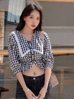  Crop Gingham Black and White Women Clothing 372