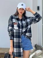 Black and White Plaid Long Sleeve Short Women Outerwear 808